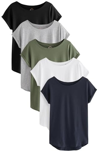 NEXT Damen 5er-Pack T-Shirts mit Flügelärmeln Grau/Weiß/Schwarz/Marineblau/Khakigrün 38