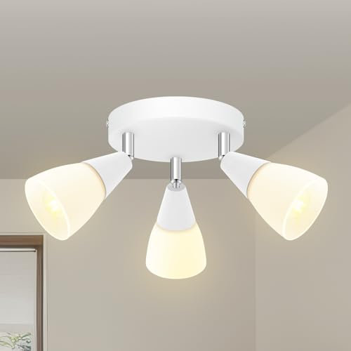 LED Deckenstrahler weiß , Deckenleuchte E14 3 Flammig Schwenkbar 350° Deckenspot, Vintage Art Weißglas Lampenschirm,Moderne Deckenlampe Spot für Flur/Küche/Schlafzimmer/Wohnzimmer,Ohne Leuchtmittel