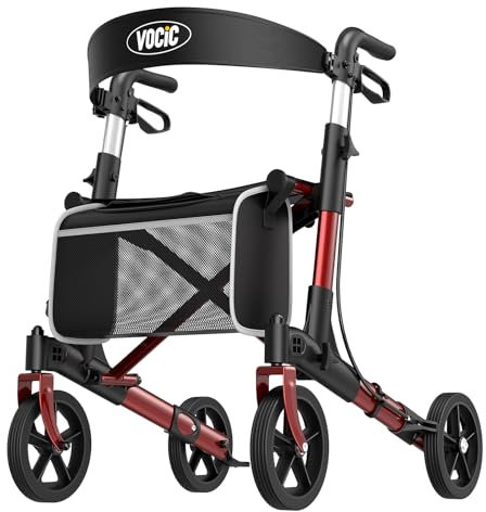 VOCIC Rollator Faltbar und Leicht mit Sitz, Rollatoren Schmal für Wohnung Klappbar Aluminium Gehhilfe für Senioren, wiegt nur 7.8kg, Kaufen Walker Für Alle Terrains, 5 Jahre Support | Dunkelrot