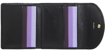 DUDU Kleine Damen Portemonnaie aus weichem Leder, Kartenfächer, Geldscheinfach, Münzfach hinten, RFID-Technologie Bunte Geldbörse mit Knopfverschluss Black_Lavender