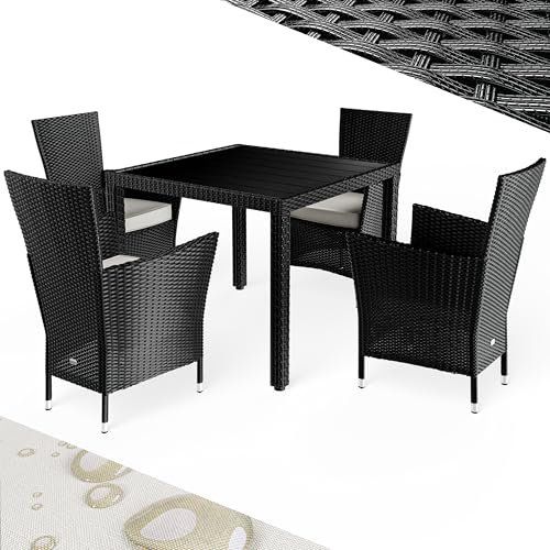 CASARIA® 4+1 Poly Rattan Outdoor Dining Furniture Set | 4 Stackable Armchairs with Cushions | 90x90cm Dining Table with WPC Top | Weatherproof Outdoor Patio Seating Group | Black