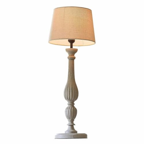 LOBERON Tischlampe Zepinal, antikgrau/creme | Kunstvoll Gedrechselter Lampenfuß, Klassisch-elegantes Design, Tischleuchte, Kiefernholz, Leinen, Polyester
