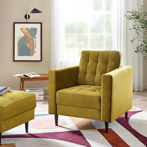 Furniturebox UK Joni Mustard Yellow Velvet Armchair, Upholstered Modern Retro Yellow Fabric Arm Chair with Black Wooden Tapered Legs, Square Stitching, Stylish & Contemporary Living Room Furniture