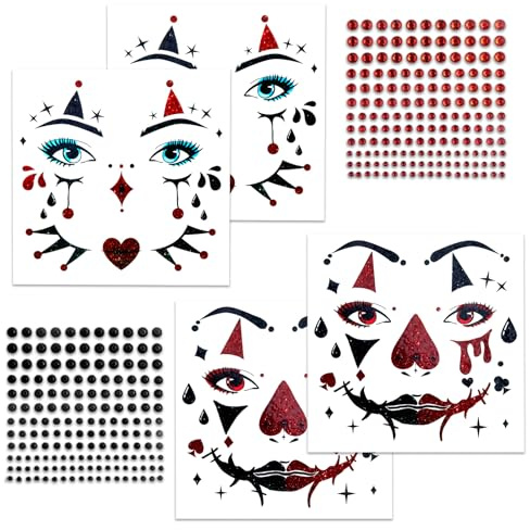 4 Bogen Gesichtstattoo Pantomime Temporäre Tattoos + 2 Bogen Glitzersteine Selbstklebend,Face Tattoo Harlekin,Clown Tattoo Gesicht,Temporäres Glitter Gesichtstattoo für Pantomime,Halloween,Karneval
