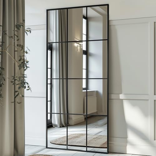 LunaMirror Rechteckiger Fensterspiegel in voller Länge mit schwarzem Aluminiumrahmen 76 x 180 cm Wandspiegel rechteckig für Innen Wohnzimmer Flur Eingang Außen Dekoration