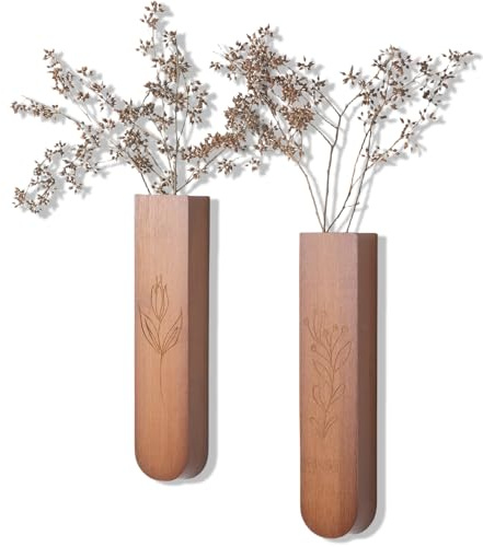 Holz-Wandvasen Set, 29,5 cm x 6,5 cm, 2 Stück, mit Blumengravur, für Trockenblumen