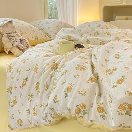 GETIYA Romantisch Gelb Blumen Bettwäsche 135x200 Mikrofaser Bettwäsche Weiß Gelb Wendebettwäsche Mädchen Damen Bettbezug Blumen Muster Bettwaren Set Einzelbett mit 1 Kissenbezug 80x80