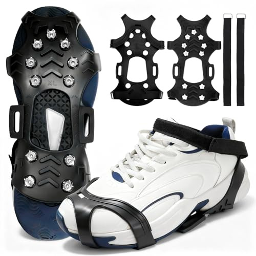 Steigeisen, Schuhspikes für Bergschuhe Wanderschuhe, Schuhkrallen, mit 11 Edelstahl Zähne Spike für Schuhe Winter, Eisspikes Edelstahl Anti-Rutsch Spikes, Spike Grödel für Bergschuhe (L, Schwarz)