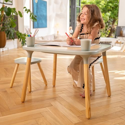 Active Tots 4-in-1 Indoor Wooden Toddler Table Montessori-Inspired Activity Table with Play Surface, Building Block Board, Chalkboard & Sensory Tub Durable Pinewood Design for Ages 12 Months+