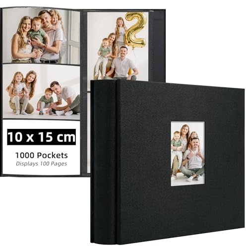Remowith Fotoalbum Einsteckalbum 10x15 cm Photo Album für 1000 Fotos im Hoch- und Querformat Fotoalbum Groß mit Stoffcover und Fenster Ideal für Hochzeit Familie Reisen und Babywachstum, Schwarz
