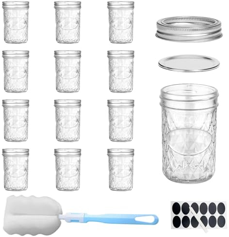 Botes de Cristal con Tapa de 250 ml, 12 pcs Tarros de Cristal con Tapas, Tarros Mason de Boca Ancha con Tapas Herméticas, Tarros de Almacenamiento de Alimentos, para Especias, Mermelada, Miel