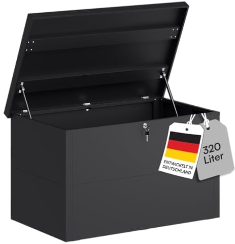 STEELSØN Icarus Gartenbox 320 L, Dunkelgrau, wasserdicht, abschließbar | Auflagenbox aus Metall, Outdoor Kissenbox, Aufbewahrungsbox, Gartentruhe, 105x65x63 cm, Gartenpolster, Terrasse, Polstertruhe