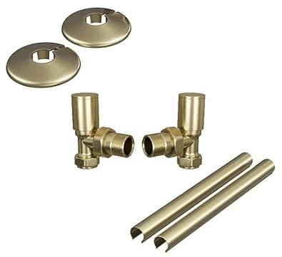 Manual Radiator Valve Kit, Brushed Brass Round Angled Valve with 15mm x 1/2 Connections & Pipe Covers Set
