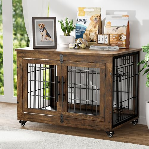 GIKPAL Hundebox für Zuhause mit Kissen, 83cm Hundekäfig Möbel für Drinnen mit Doppeltüren und Rädern, Moderne-Hundebox Holz für Klein, Mittlere Hunde bis zu 45 lb, 83x56x64cm, Rustikales Braun