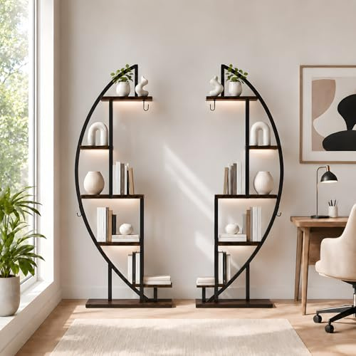GOKHOMX Bücherregal im Industrie Design mit LED Pflanzenlicht 2er Set runde Blumentreppe Holz Metall großer Raumteiler Pflanze Standregal für Wohnzimmer Schlafzimmer Büro 2X 50x30x160 cm