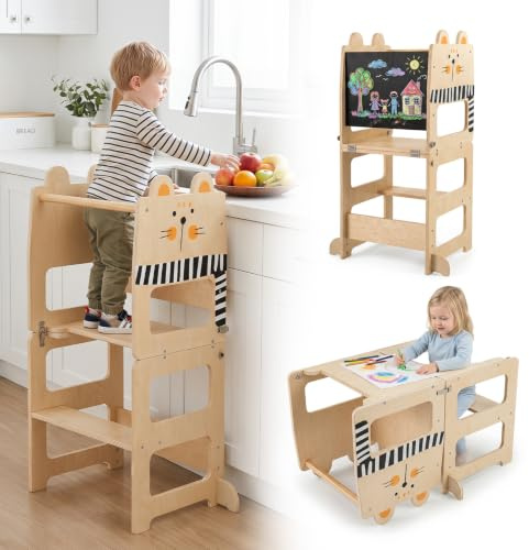 COSTWAY 3 in 1 Lernturm klappbar aus Holz, 50 kg belastbar, Natur