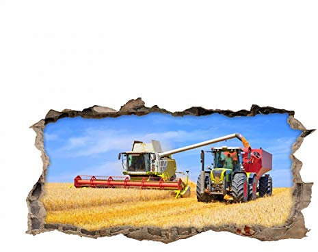 134 Wandtattoo Mähdrescher und Traktor - Loch in der Wand - Coole Kinderzimmer Sticker Aufkleber Wanddeko Wandbild Junge Trecker - Größe 750 x 380 mm