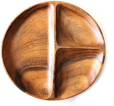 10 Acacia Premium Wooden 3-Compartment Divided Round Wood Plate Divided Dessert Dish Serving Trays Platters 3 Section