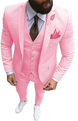 Abito da Uomo in 3 Pezzi Regualr Fit One Button Formale Business Men Suit Groomsman Smoking per Matrimonio (Blazer+Vest+Pantaloni), Rosa, 44