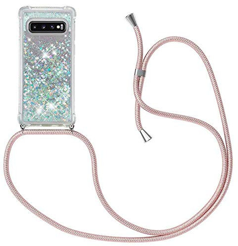 MXKOCO Handykette kompatibel mit Samsung Galaxy S10+/S10 Plus Glitzer Flüssig Bewegende Treibsand Hülle mit Band Umhängetaschen+Hüllen mit Umhängeband Handykordel mit Schutzhülle Kette mit Hülle