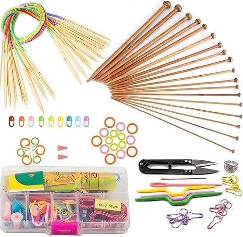Coopay Kit Aiguilles Circulaires 113 pièces,18 Paires Aiguille à Tricoter à Point Unique en Bambou et 18 Aiguille Circulaire Tricot Double Point Tube Multicolore 60cm de Long (2,0 mm à 10,0 mm)