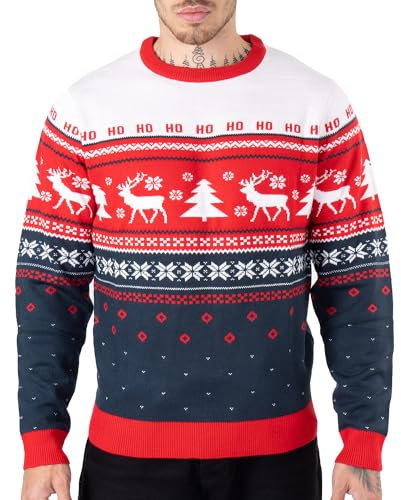 NOROZE Mens Xmas Jumpers Fairisle Christmas Tree Reindeer Snowflakes Hoho Novelty Pullover Sweater (S, Hoho Reindeer Tree Red)
