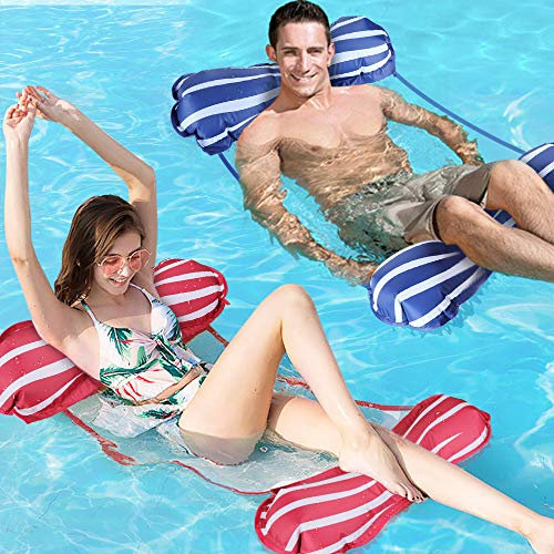 Gifrot Hamaca Flotante, 2PCS Hamaca de Agua 4 en 1, Hamaca Inflable Tumbona Piscina Plegable Colchoneta Hinchable Flotador Piscina Playa para Adultos (Rojo & Azul)