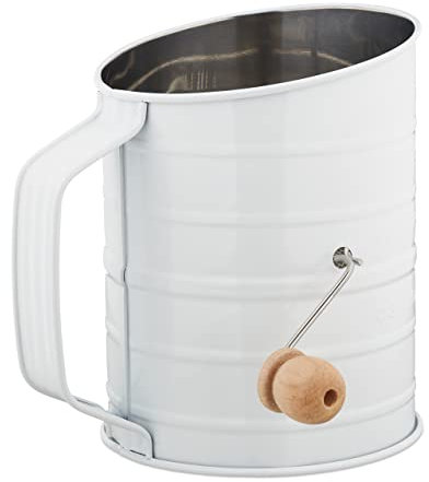 Relaxdays Retro Mehlsieb, feinmaschig, Edelstahl, mit Kurbel, Ø 11 cm, für Mehl, Puderzucker, Kakao, Mehlstreuer, weiß
