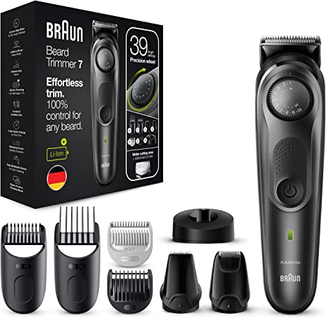Braun BT7350 Men's Beard Trimmer 7 Hair Clipper Beard Trimmer, 39 Length Settings, 6 Accessories, Ideal for Face and Beard, Gift Idea, BT7350 Black and Metallic Grey