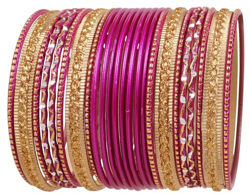 Touchstone NEU Bunte 2 Dutzend Armreif Kollektion“ Indische Bollywood Legierung Metall Texturierte Fuchsia Farbe Designer Schmuck Armreif Armbänder Set von 24 in antikem Goldton für Frauen.