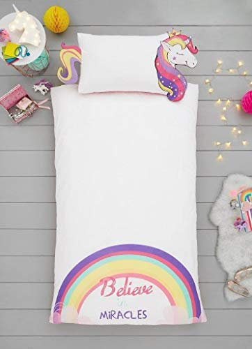 Bedding Home Kids Animal Unicorn Bedding Single | 100% Polycotton Breathable Girls Bedding | Reversible Toddler Bedding Set (Unicorn Shaped)