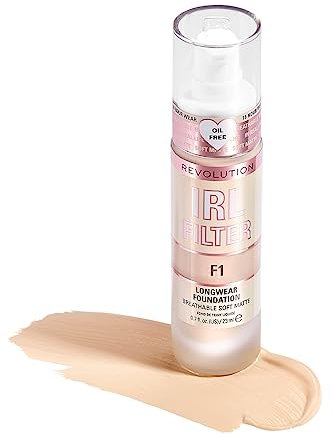 Makeup Revolution, IRL Filter, Foundation mit langer Haltbarkeit, mittlere bis volle Deckkraft, mattes Finish, 16 Stunden Haltbarkeit, F1, helle Hauttöne, 23ml