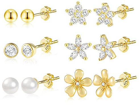 Gold Ohrstecker Set für Damen Mädchen, 6 Paar Gold 925 Ohrstecker Ohrringe Kleine, 14k Vergoldet Zirkon Ohrringe mit Schmetterlings Blume Kugel Diamant Ball Herz Perle Ohrstecker
