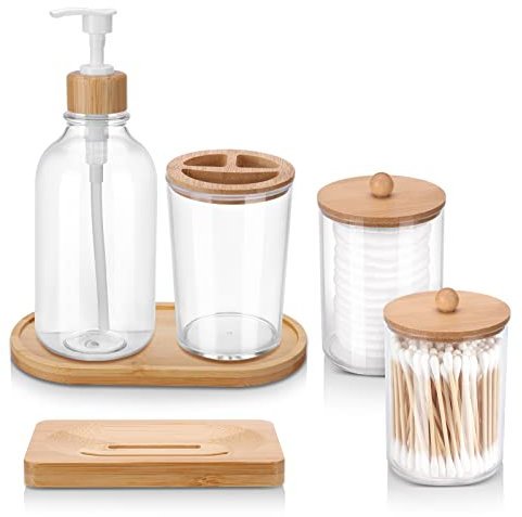 Fixwal Bathroom Soap Dispenser Set, Bamboo Bathroom Accessories Set of 6, Toothbrush Holder, Soap Dispenser, Soap Dish, Tray and 2 Plastic Qtip Medicine Jars with Bamboo Lid