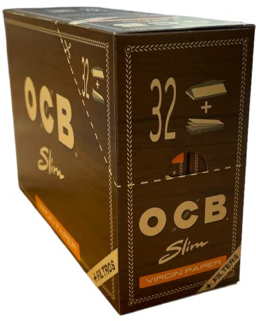 OCB Unbleached Slim Virgin Paper + Tips - 32 Booklets of 32 Sheets - Long Paper Unbleached Plus Tips