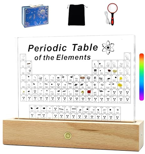 BEWITU Periodensystem mit echten Elementen im Inneren, Acryl-3D-Periodensystem der Elemente mit schnurlosem LED-Holzständer, Chemie-Geschenke für Kinder und Erwachsene, Wissenschaftsliebhaber