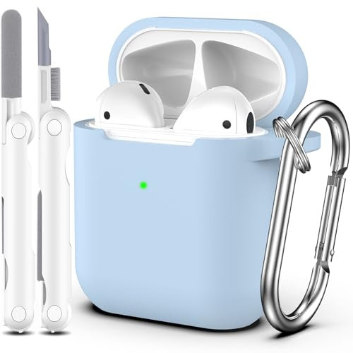 R-fun Kompatibel mit AirPods 2. Generation 2019 Case, 1. Gen 2016 Hülle Case Cover mit Reinigungsset und Schlüsselanhänger, weicher Silikonschutz für Apple AirPods Hülle,Himmelblau