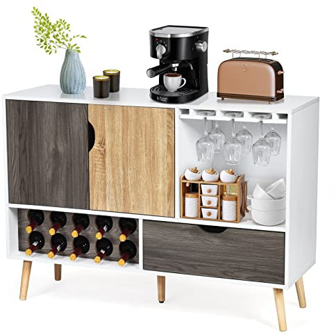 COSTWAY Wine Cabinet Sideboard, Kitchen Storage Cabinet with Adjustable Shelf, 10 Wine Racks, Glass Holder and 5 Legs, Wooden Buffet Cupboard for Dining Living Room