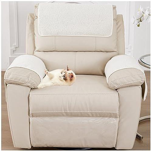 NNSMUN Armlehnenschoner, Armlehnenbezüge, Lamm Samt Ruhesessel Bezug mit Taschen rutschfest Sesselschoner für Fernsehsessel Abnehmbarer Waschbar (Beige,1 Sitzer (3 StüCk))