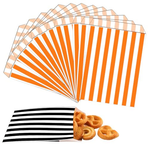 100stk Papiertüten Orange-Weiß Gestreift Klein Butterbrottüten 13x18cm,Mini Kraftpapiertüten Candy Bar Tüten Geschenktüten Brotpapiertüten Bunt für Kindergeburtstag,Halloween,Weihnachten,Hochzeit