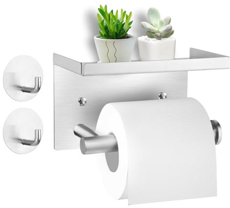 Porte Papier Toilette, Support Papier Toilette Murale sans Percage avec Étagères et 2 Crochets de Suspension, Acier Inoxydable Derouleur Papier Toilette pour Salle de Bain Cuisine, Argent
