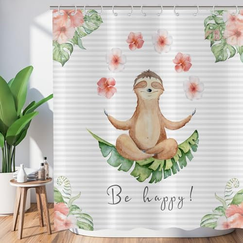 ASDCXZ Rideau de Douche drôle 120x200 cm, drôle d'arbre Loutre Yoga Rose Fleurs Feuilles Tropicales Vertes Lavable Rideaux de Douche Textile imperméable Rideau de Bain pour Baignoire avec 8 Crochets