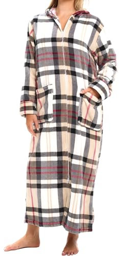 Alexander Del Rossa Fleece-Bademantel mit Reißverschluss vorne, Kapuzen-Bademantel für Damen, langer Bademantel, Designer Plaid, X-Large