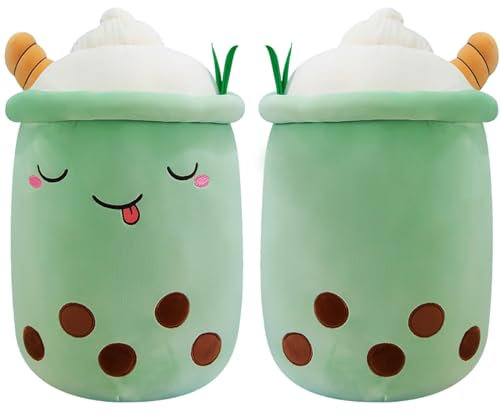 Aiuidun Bubble Tea Kuscheltier,Boba Stofftier Plüschkissen Spielzeug Weiches Umarmungskissen Geschenk für Kinder Mädchen Jungen(Grün-Schielende Augen,50cm)