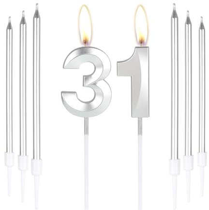 mciskin Silver 31 Birthday Candles-3D Number 31 Candle for Cake with 6pcs Long/Thin Candles Set,Silver Cake Topper for Women Men 31th Birthday Decorations Supplies,31th Wedding Anniversary Décor