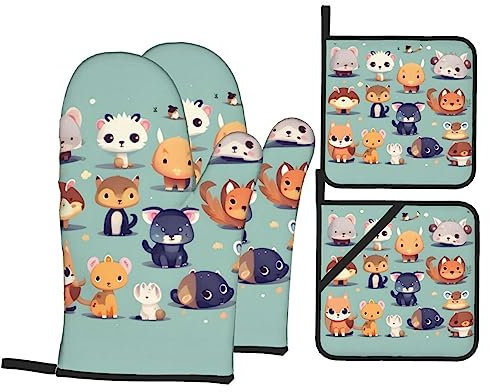 Süße kleine Tiere Ofenhandschuhe und Topflappen, Grillhandschuhe und Halter zum Kochen Backen (4-teiliges Set)