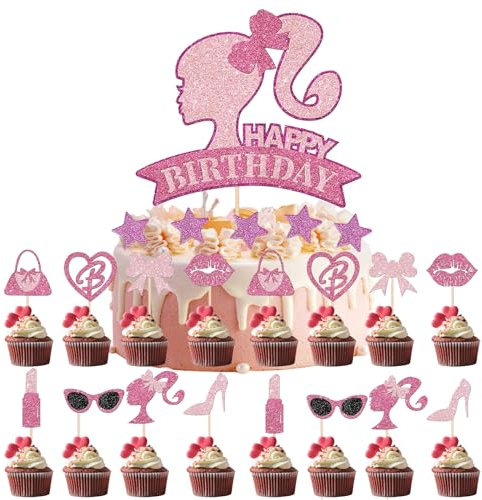 27 Stück Barbi Tortendeko Mädchen,Barbie Kuchen Deko,Barbie Torte,Barbie Geburtstag Deko Set,Rosa Mädchen Kuchendeko,Glitzer Deko Geburtstag,für Mädchen Geburtstag Party Kuchen Dekoration Supplies