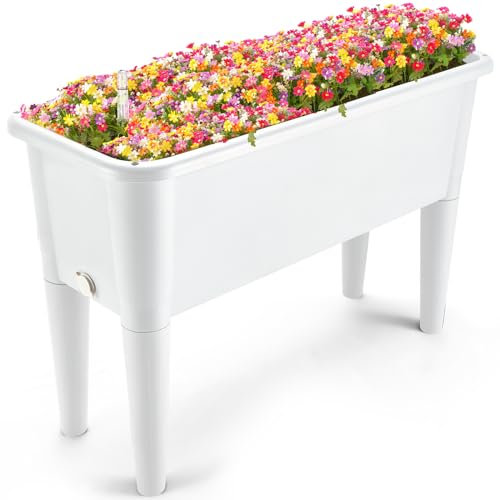 Yungyan Hochbeet aus Kunststoff, selbstbewässernder Blumenkasten, Kräuter-Pflanzgefäß, erhöhtes Pflanzbeet mit abnehmbaren Beinen, Wasserstandsanzeiger, 1 Stück, Weiß, 1 Stück