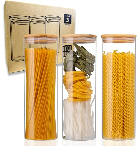 Deco haus® Spaghetti Aufbewahrung 3er Set - Vorratsgläser mit Deckel + Etiketten [LUFTDICHT] - Für Müsli, Cornflakes, Nudeln, Mehl - Vorratsdosen Glas mit Deckel - Aufbewahrungsglas 3x1950 ml