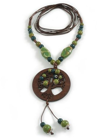 Avalaya Green Coloured Ceramic Bead with 'Tree of Life' Round Pendant Brown Silk Cord Necklace/ 66cm L/Slight Variation In Colour/Natural Irregularities